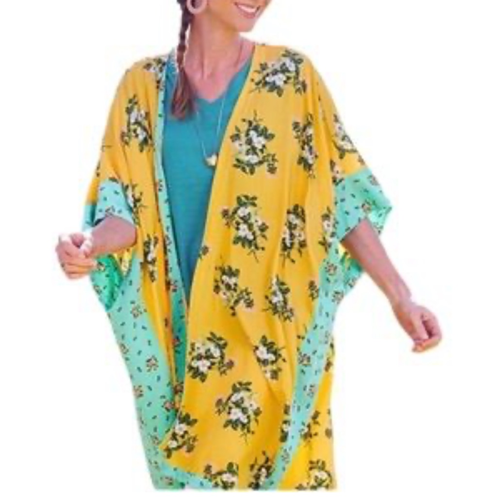 Matilda Jane Kimono Poncho Butter Yellow Floral Blue M/L Cottagecore Prairie